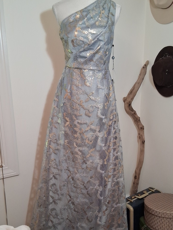 Adrianna Papell Dresses & Skirts - Adrianna Papell One-Shoulder Silver And Gold Metallic Lace Gown